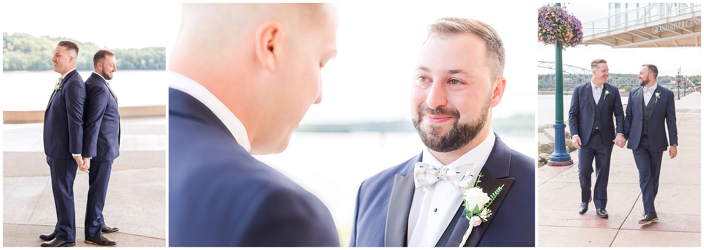 groom and groom first look on riverfront