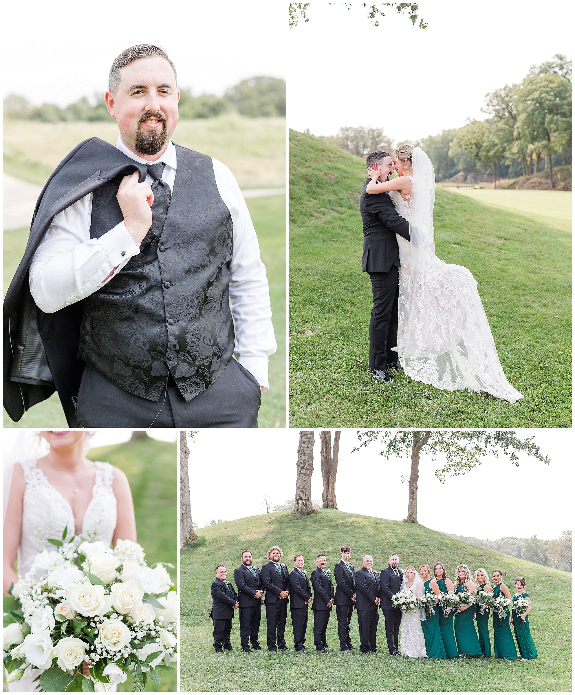 outdoor wedding day portraits of groom, bride's bouquet, happy couple, and entire bridal party