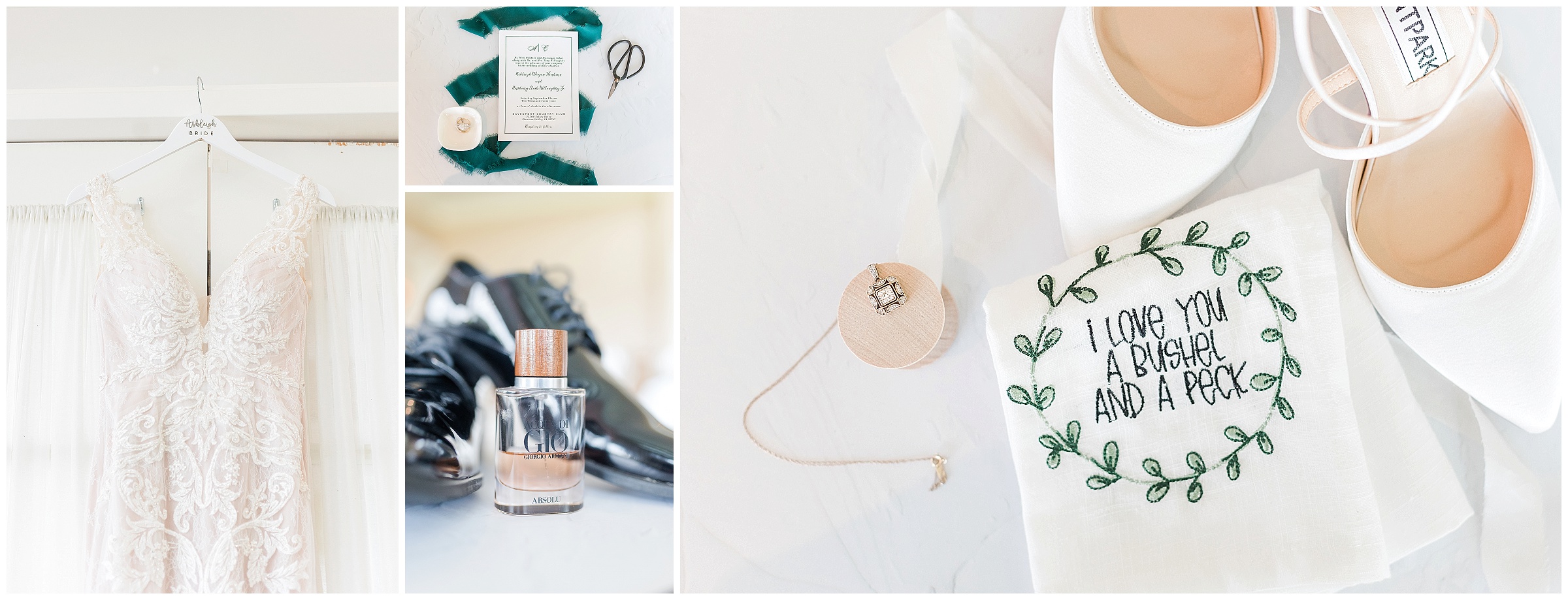 Wedding day details including dress, cologne, invitation, shoes, necklace, and handkerchief
