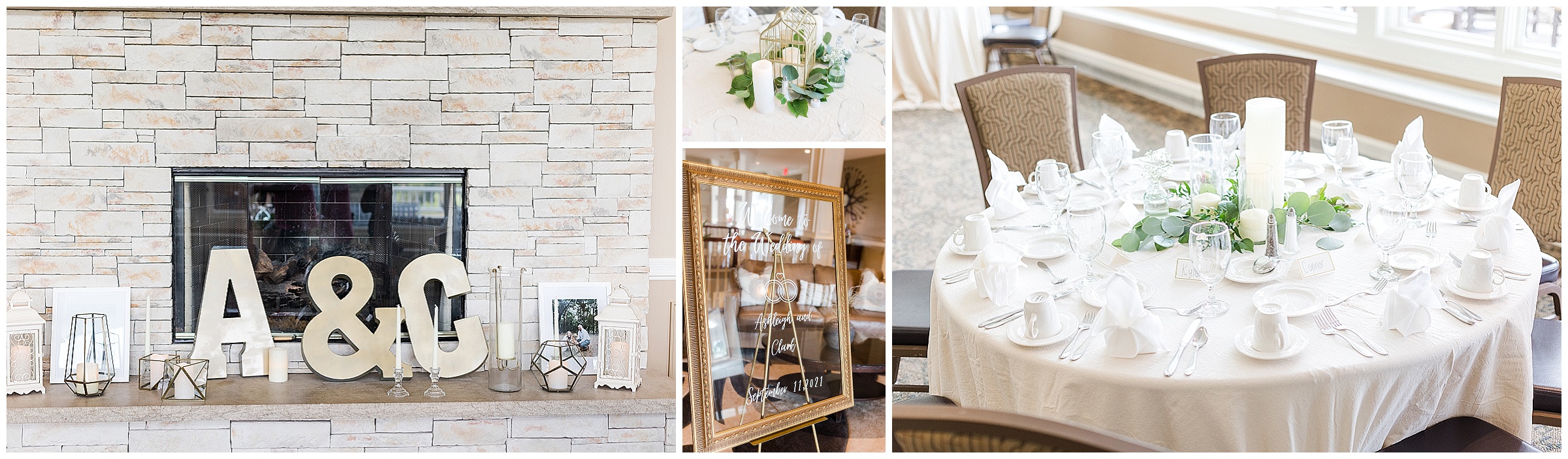 Wedding day reception details, including the fireplace, mirror sign, centerpiece, and guest table