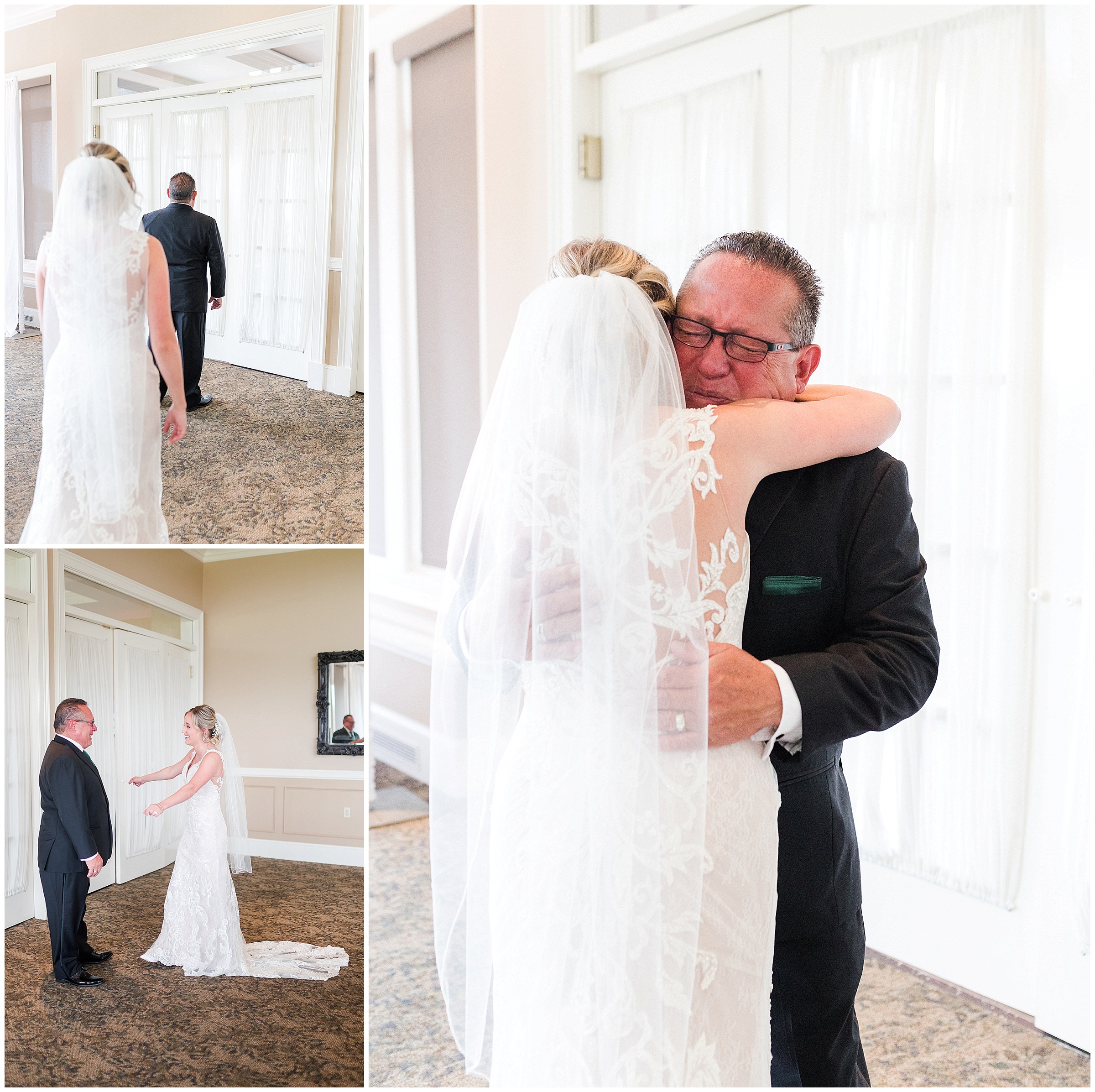 first look with dad; father seeing his bride daughter for the first time on her wedding day