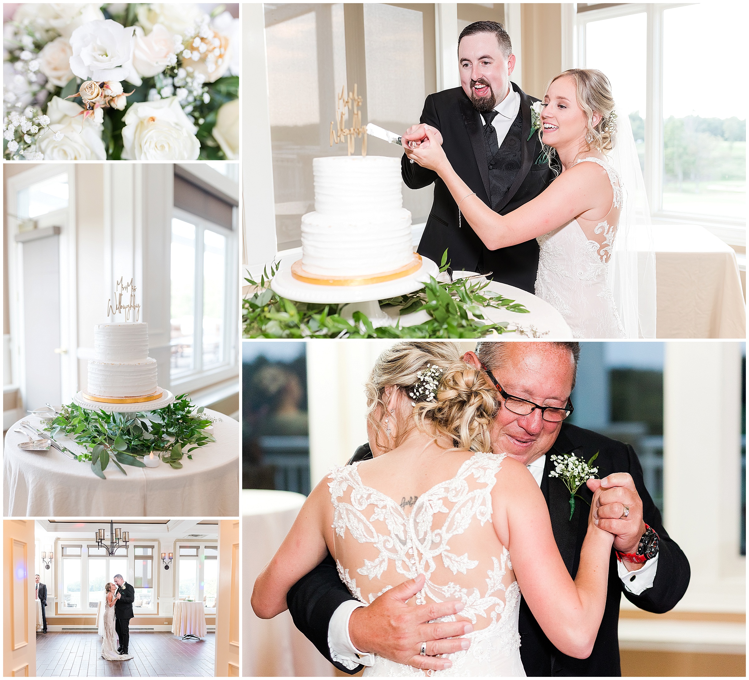 wedding cake cutting, bouquet, first dance, and father daughter dance