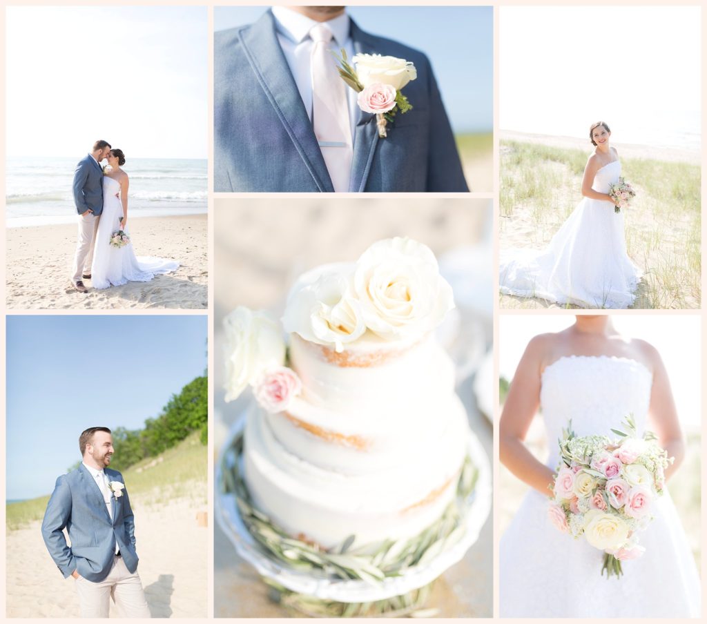 Sarah DeMaranville Photography beach wedding shoot- shows bride, groom, bouquet, and cake - Indiana Dunes wedding