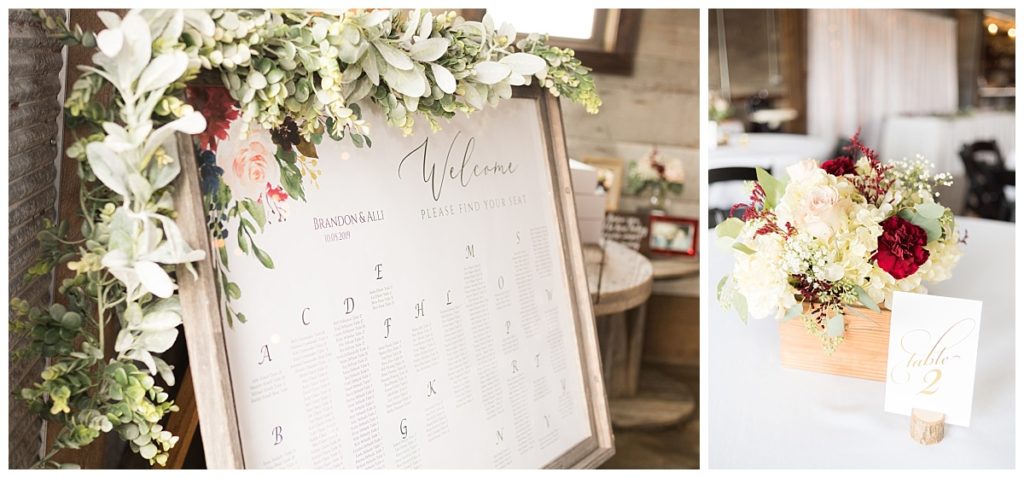 Rustic seating chart; The Stables; Kewanee, Illinois; rustic centerpiece and table number