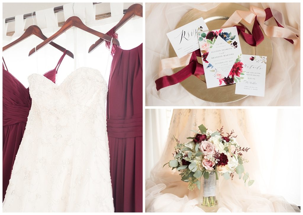Wedding dress and bridesmaid dresses; invitation suite flat lay; bridal bouquet and dress