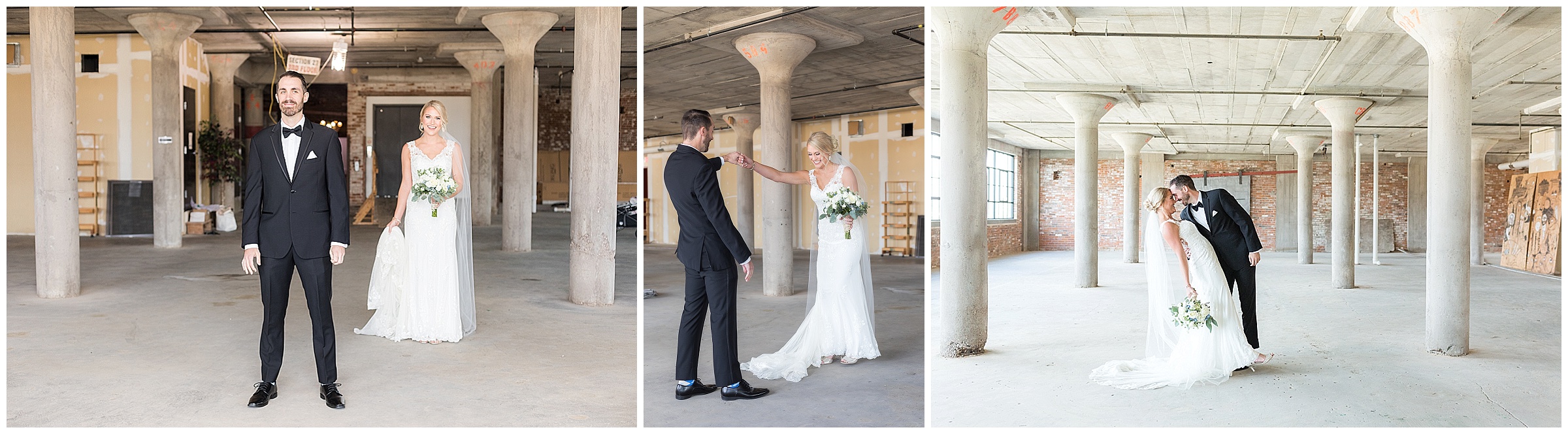 bride and groom first look in empty loft
